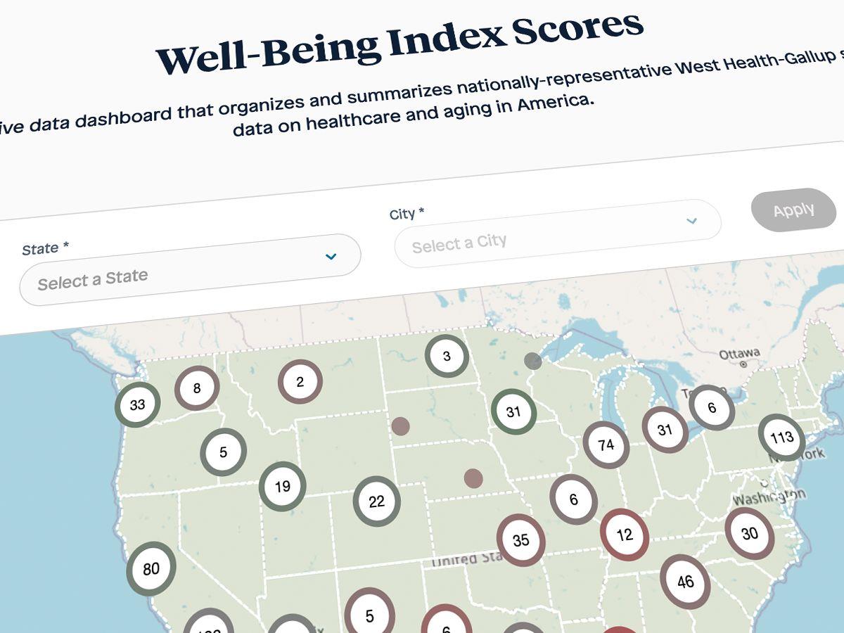 Map of the U.S. showing Well-Being Index Scores.